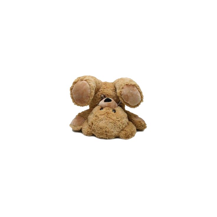 a brown teddy bear sitting on top of a white floor with its eyes closed and nose wide open