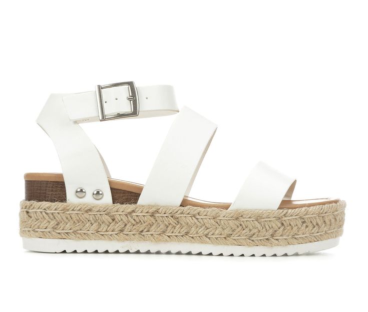 Synthetic leather upper,Adjustable ankle strap with buckle strap closure,Approx. 2 1/4 inch wedge heel height,Approx. 1 1/2 inch platform height,Round open toe,Smooth synthetic insole,Faux woodgrain and woven espadrille midsole details,Durable outsole,Soda® branding details | Women's Soda Bryce Espadrille Wedges Sandals in White Size 8 Medium Flatform Sandals, Womens Sandals Wedges, Shoe Carnival, Espadrille Sandals, Big Kid, Espadrilles Wedges, Synthetic Leather, Sandal Espadrille, Platform Sandals