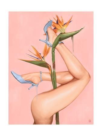 a painting of a woman's legs with high heels and bird of paradise flowers