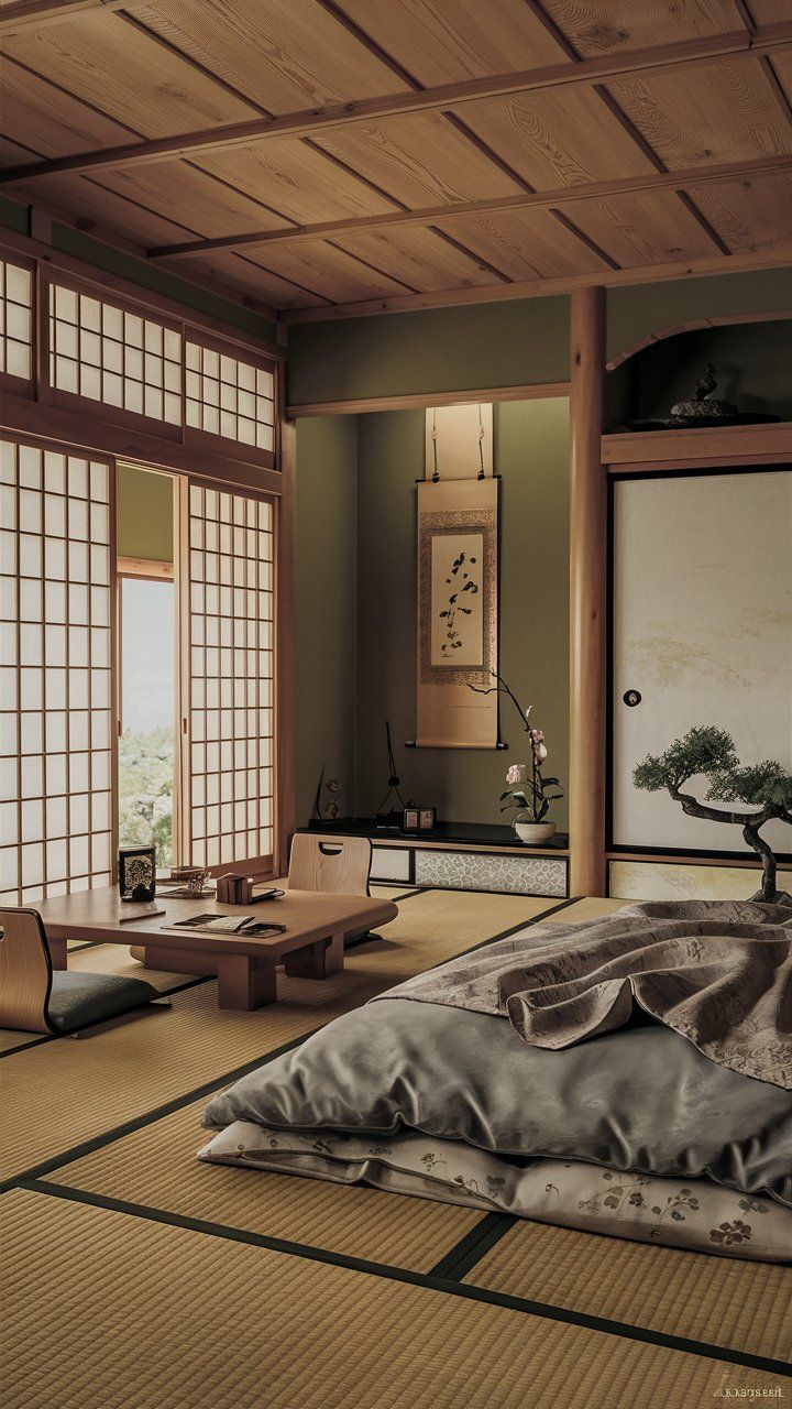 Japanese Bedroom Layout, Japanese Ceiling Lamp, Japanese Styled Home, Room Ideas Japanese Style, Japan Room Aesthetic, Tatami Room Modern, Japanese Bedroom Traditional, Japanese Themed Room, Japanese Interior Design Small Spaces