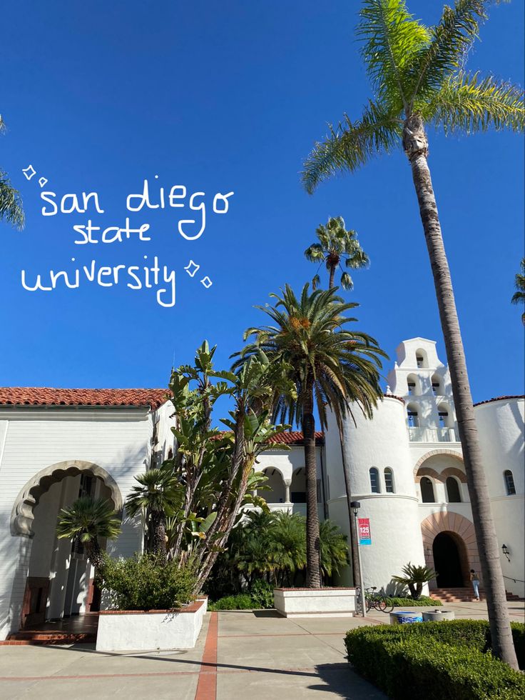 palm trees in front of a building with the words san diego university written on it