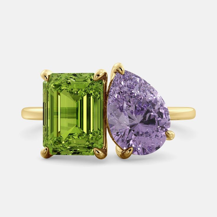 A toi et moi ring with an emerald-cut Green Peridot and a pear-cut gemstone. The emerald-cut morganite is set on the left of the ring Luxury Peridot Birthstone Ring, Tanzanite Birthstone Jewelry For Promise, Tanzanite Gemstones With Gemstone Accents For Anniversary, Tanzanite Gemstones Perfect For Gifts, Peridot Multi-stone Rings For May Birthstone, Tanzanite Gemstone With Center Stone As Gift, Green Amethyst Ring In 14k Gold, Lime Green Gemstone Ring Jewelry, Green Amethyst Gemstone Ring As Gift