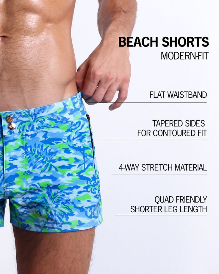 The most versatile pair of men’s beach shorts you’ll ever wear. BANG! Beach Shorts are the perfect all-rounder between the beach and everything else before and after. Styled after the fashionably look of a modern-fit walk short, these premium men’s swim trunks are delivered in a body-sculpting and shape-contouring format for a perfect fit. Meet the ultimate men’s boardies to take you from the beach to the party without missing a beat. Made with a stretchy, waterproof, light weight and soft fabri Tropical Swim Trunks With Built-in Shorts, Tropical Swim Trunks With Built-in Shorts For Beach Season, Bermuda Swim Trunks With Built-in Shorts For Vacation, Green Swim Trunks With Built-in Shorts For Poolside, Tropical Swim Trunks With Built-in Shorts For Beach Party, Green Swimwear With Built-in Shorts For Beach, Casual Blue Boxer Briefs For Beach Season, Blue Boxer Briefs With Built-in Shorts For Beach Season, Green Beach Bottoms With Built-in Shorts