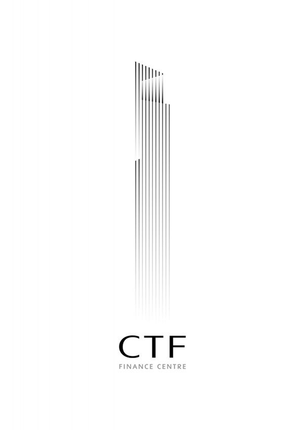 an image of a tall building with the words ctf finance centre in black and white