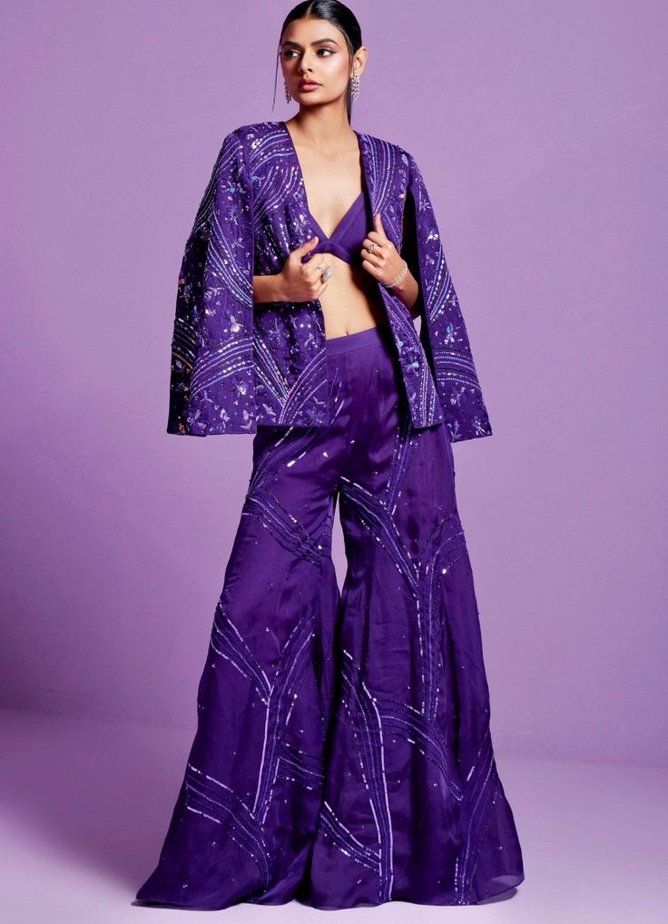 Striking Purple Jacket And Pant Set Parul Gandhi - Fabilicious Fashion Purple Cape, Modern Bridal Gowns, Fantasy Outfits, Indian Wedding Bride, Indian Bridal Lehenga, Vacuum Storage, Purple Pants, Purple Jacket, Bralette Top