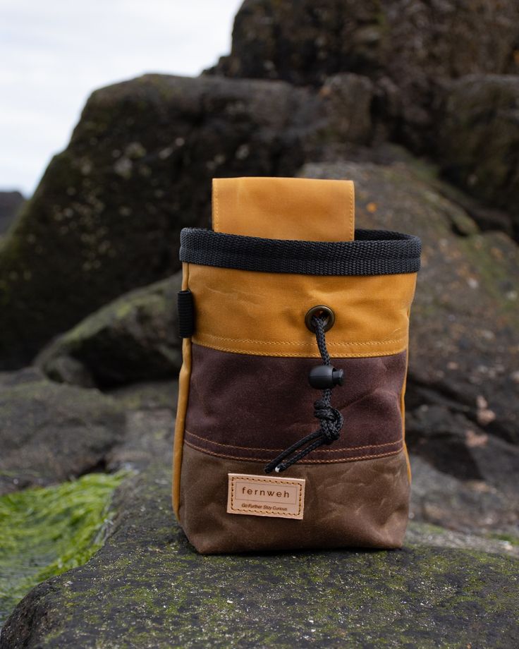 a brown and black bag sitting on top of a rock