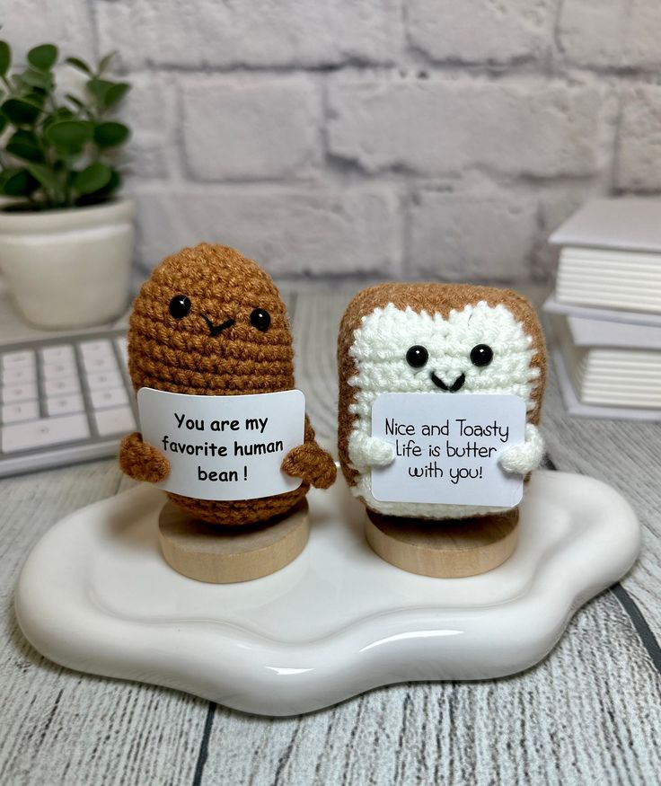 two small crocheted toasters with funny faces on them, one holding a sign that says you are my favorite human