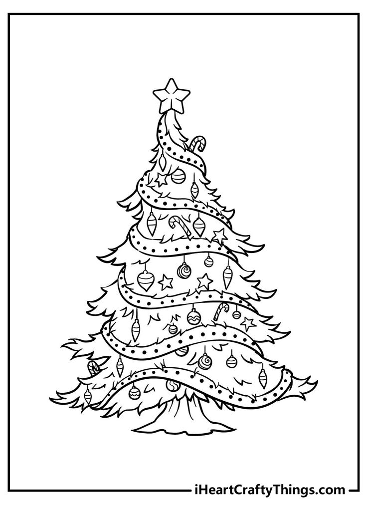 a christmas tree with ornaments and stars on it in black and white coloring book page