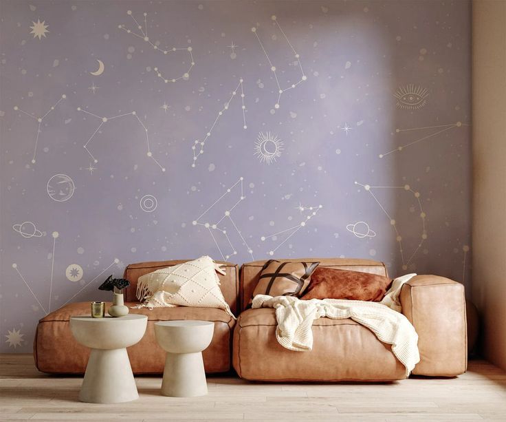 Purple Shinings Wallpaper Mural for home interior design Stars Themed Bedroom, Wednesday Themed Room, Purple Boys Room, Purple Stars Wallpaper, Purple Kids Room, Mural House, Lavender Backdrop, Boys Room Mural, Galaxy Bedroom