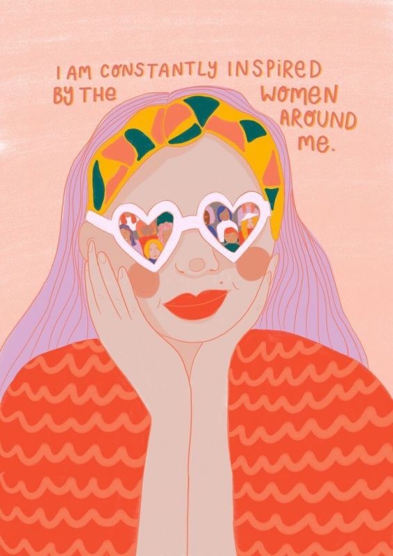 a woman wearing heart shaped glasses with the words i am constantly inspired by the women around me