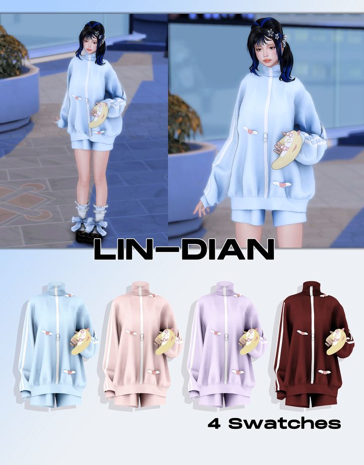 four different images of a woman in blue, pink and brown clothing with text that reads lin - dian