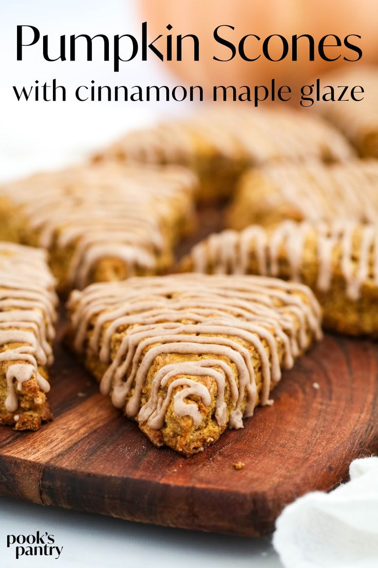 pumpkin scones with cinnamon maple glaze on a cutting board