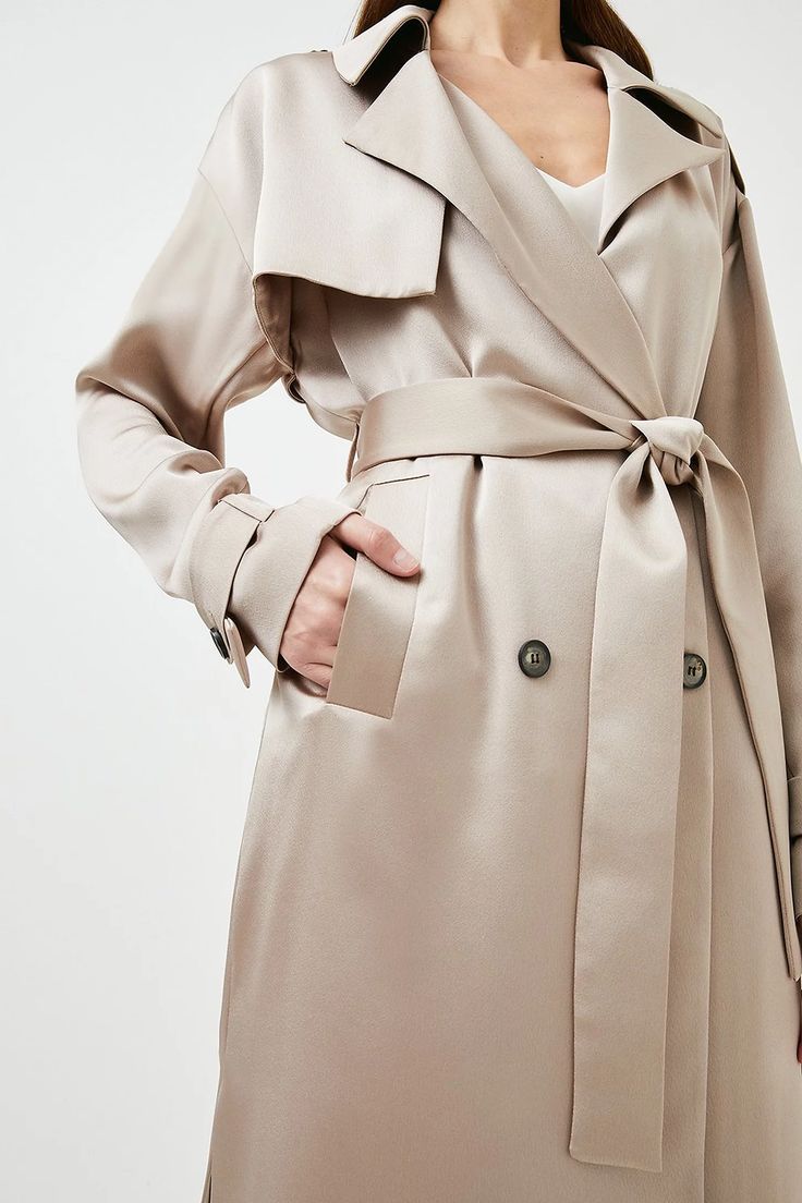 Satin Crepe Trench Coat | Karen Millen Elegant Outerwear With Belted Cuffs, Elegant Satin Outerwear For Winter, Sleek Silk Long Sleeve Outerwear, Spring Evening Outerwear With Belted Cuffs, Silk Outerwear With Lapel Collar And Double Button Closure, Silk Outerwear With Double Button And Lapel Collar, Elegant Gabardine Outerwear With Lapel Collar, Chic Fitted Satin Outerwear, Chic Silk Outerwear With Double Button Closure