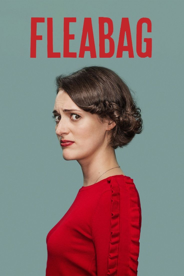 a woman in a red dress with the words fleabag over her head and behind her ear