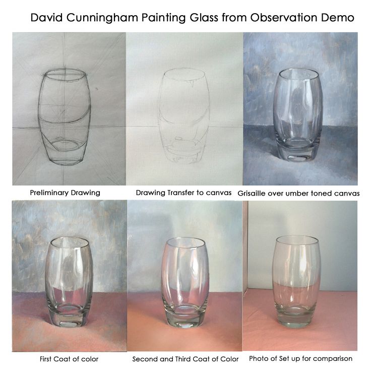 four different drawings of glass vases on a table