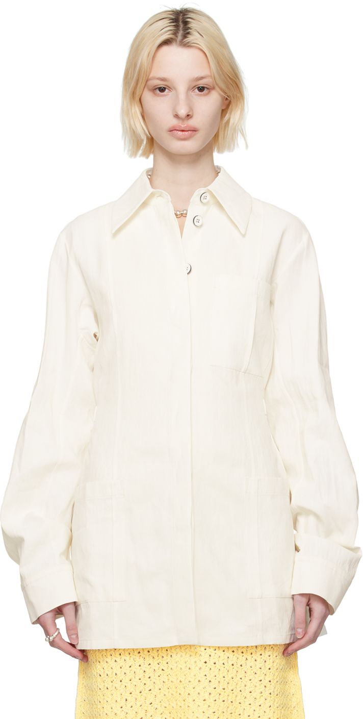 Plain-woven linen jacket. · Paneled construction �· Spread collar · Button closure · Patch pockets · Detachable self-tie belt · Button fastening at cuffs · Horn hardware Supplier color: Natural Chic Linen Outerwear With Buttons, Linen Blazer With Hidden Button Closure, Linen Blazer With Hidden Button Closure And Long Sleeves, Linen Spring Outerwear With Button Cuffs, Chic Linen Outerwear With Button Closure, Spring Linen Outerwear With Button Cuffs, Chic Linen Button-up Outerwear, Tailored Linen Outerwear With Button Cuffs, Spring Linen Outerwear With Spread Collar