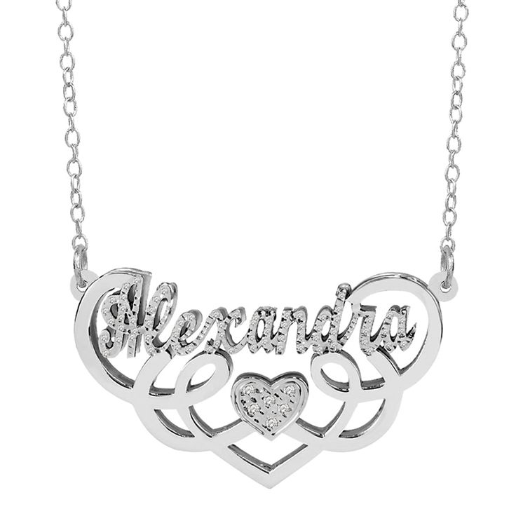 Stand out with our feminine handcrafted Fancy Double Name Necklace made by artisans out of either: Silver Plated, Gold Plated, 925 Sterling Silver, or 14K Gold Over Sterling Silver. This piece can be personalized with 20 Cubic Zirconia as an upgrade and holds a name of up to 10 Characters (Letters only NO numbers or special characters). Necklaces showed with the Default Chain. Sterling Silver option comes with Link Chain as default. You can upgrade to your preference for an additional cost. Meas Personalized Silver Diamond Name Necklace, Luxury Custom Name Necklace In Sterling Silver, Luxury Custom Sterling Silver Name Necklace, Elegant Nameplate Jewelry With Diamond Accents, Silver Cubic Zirconia Nameplate Necklace, Silver Cubic Zirconia Nameplate Jewelry, Personalized Elegant Sterling Silver Diamond Necklace, Engraved Diamond Silver Necklace, Elegant Personalized Sterling Silver Diamond Necklace