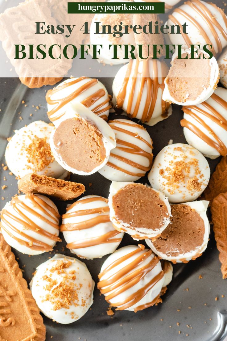 Grey tray with biscoff truffles piled on top and biscoff cookies Caption reads: Easy 4 Ingredient Biscoff Truffles Mini Biscoff Desserts, Biscoff Cake Pops, Easy Biscoff Desserts, Biscoff Dessert Recipes, Biscoff Bites, Dessert Box Ideas, Desert Bites, Quick Sweet Treats, Biscoff Desserts