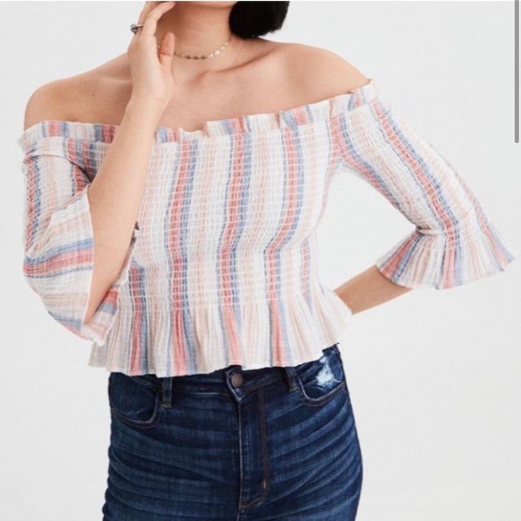 Originally: $50 Multi Colored American Eagle Smocked Off-The-Shoulder Top, Brand New With Tags, Never Been Worn, No Flaws, Not Sure If I Want To Let Go Hence The Price Bc It’s So Cute And The Colors Are Gorgeous!! No Returns Or Refunds Please Message Before Purchase Shipping Not Included In Price Casual Pink Off-shoulder Top For Spring, Casual Off-shoulder Top With Smocked Back, Casual Off-shoulder Smocked Top For Spring, Spring Stretch Off-shoulder Smocked Top, Feminine Off-shoulder Tops With Smocked Bodice, Casual Ruched Off-shoulder Top For Summer, Stretch Smocked Off-shoulder Top For Summer, Summer Off-shoulder Smocked Top, Off-shoulder Smocked Top