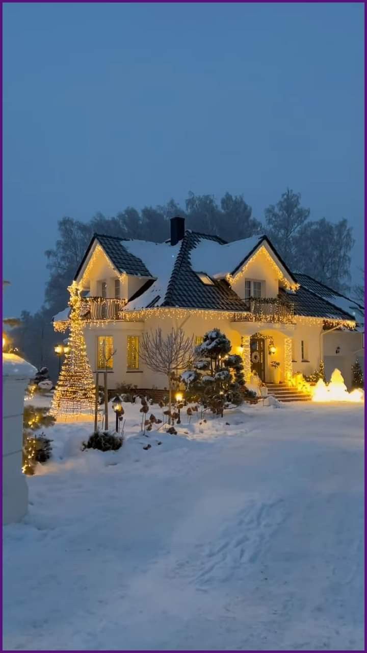 a white house with christmas lights on it's roof and trees in the snow