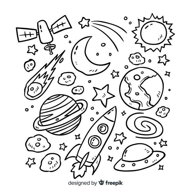 the planets and stars are drawn in black ink on a white background with space symbols