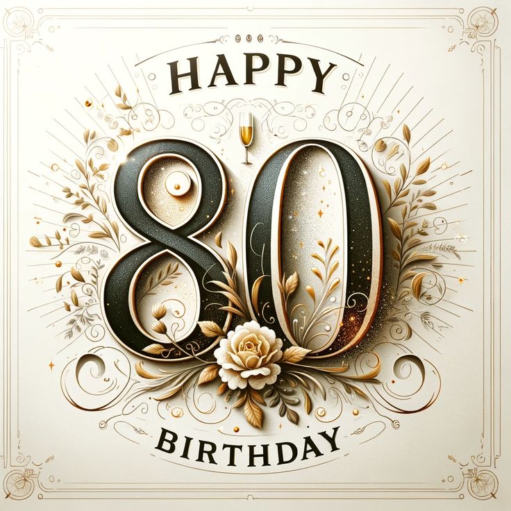 an 80th birthday card with the number eighty and flowers in gold, black and white