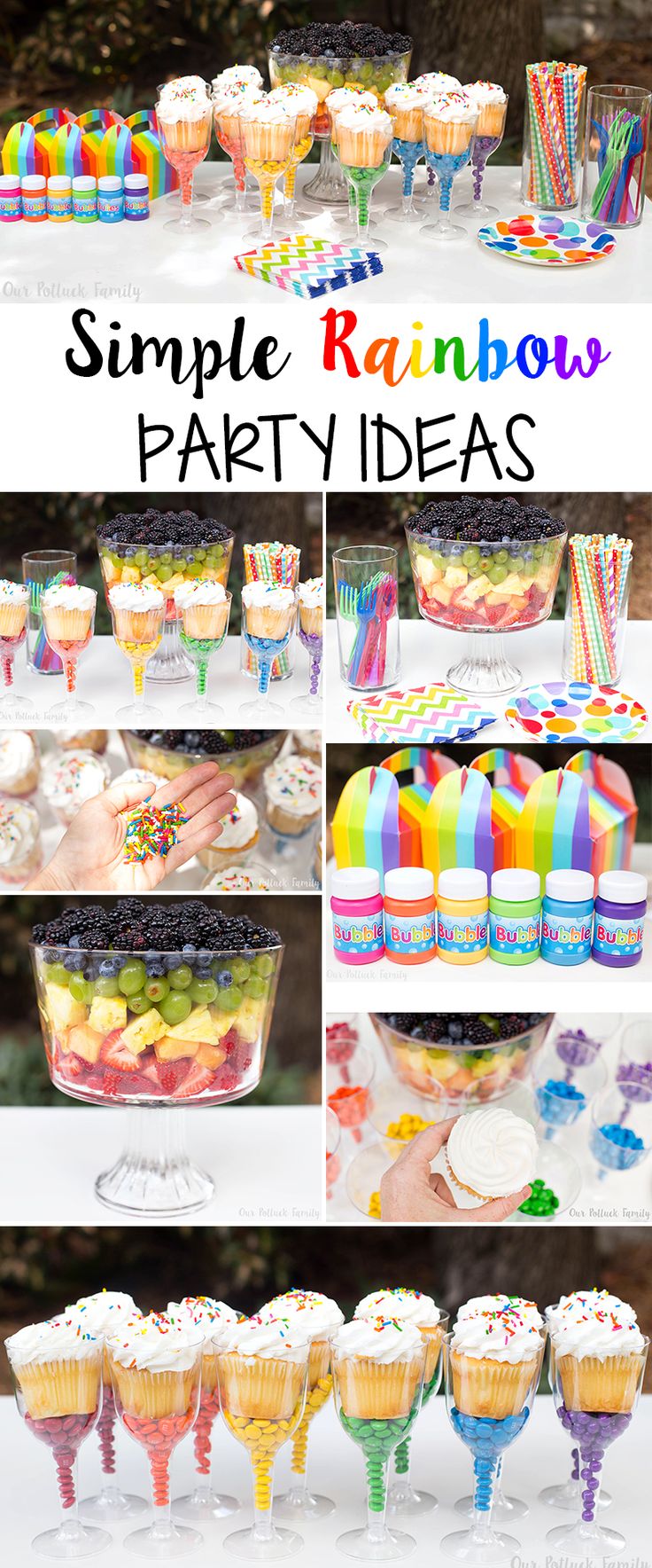 a rainbow party with cupcakes, cake and candy