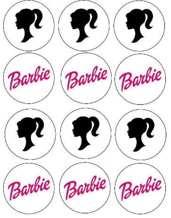 barbie party cupcake toppers with the name barbie on them and silhouettes in pink