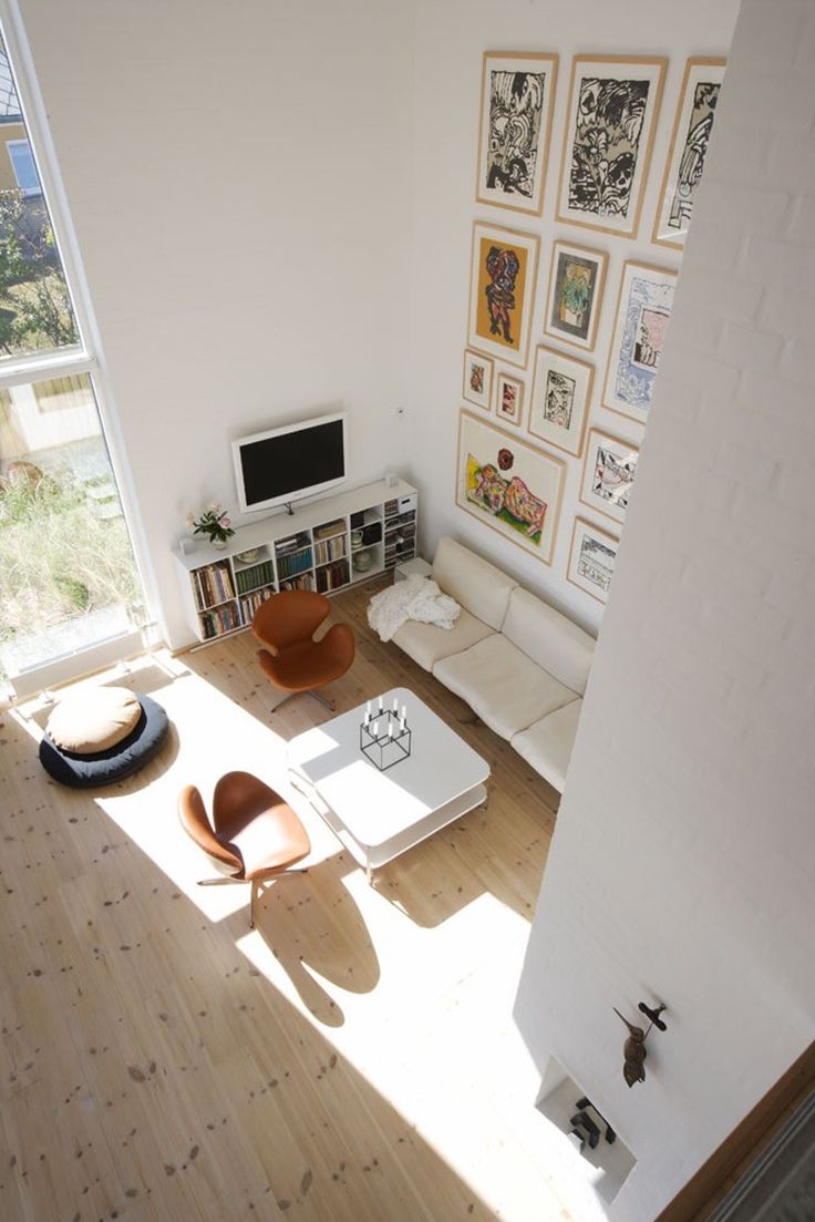 an overhead view of a living room with white walls