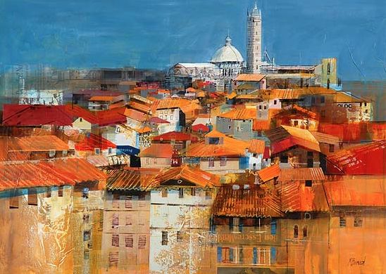 an oil painting of a cityscape with rooftops