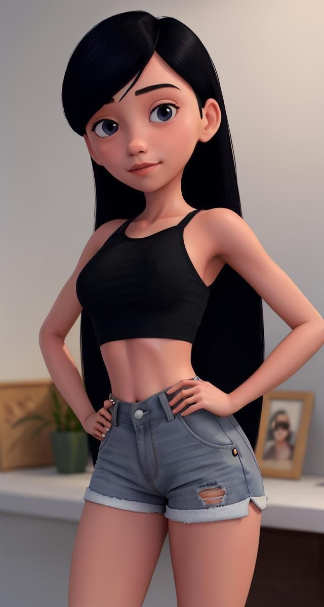 a cartoon girl with long black hair wearing denim shorts and a cropped tank top