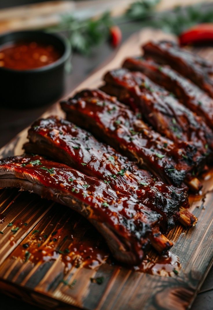 barbecue ribs on a cutting board with sauce