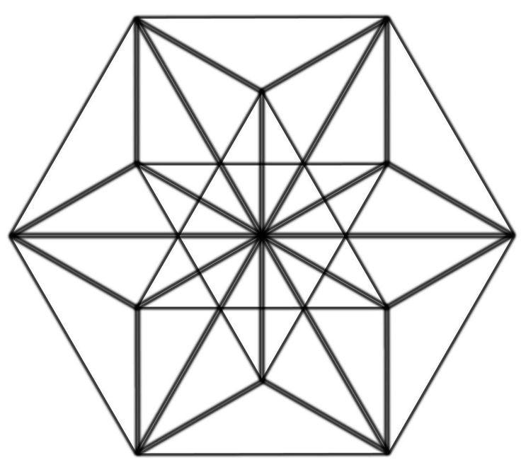 an abstract geometric design made up of intersecting lines and triangles, with the center in black