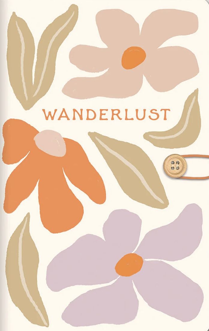 a notebook with flowers on it and the words wanderlust written in orange, pink, and yellow