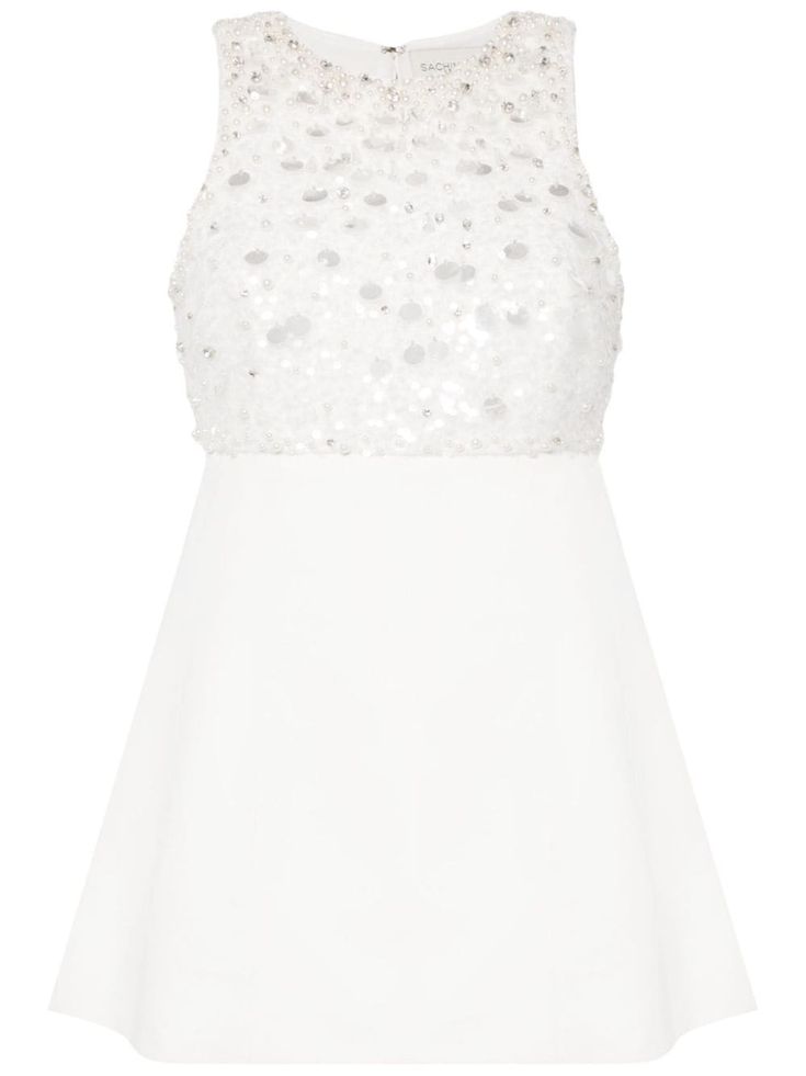 ivory white sequin embellishment faux-pearl embellishment round neck concealed rear zip fastening sleeveless thigh-length straight hem Pearl Embellishment, Sachin Babi, Sequin Embellishment, Mini Dress White, Versace Outfit, Chanel 2, Demi Fine Jewelry, Iconic Bags, Ballet Flat Shoes