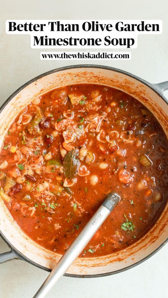 a pot filled with beans and meat next to a ladle that says better than olive garden minestone soup