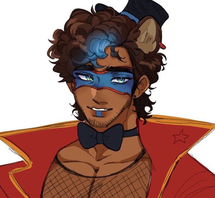 a drawing of a man wearing a mask and bow tie with his face painted blue