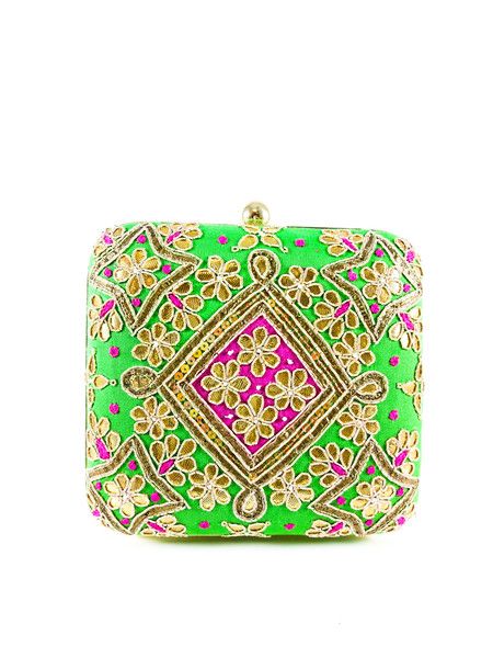 Green Samsara Clutch - Desi Royale  - 1 Bohemian Clutch, Embroidered Clutch Bag, Gotta Patti, Designer Clutch Bags, Embroidered Designs, Embroidered Clutch, Wedding Clutch, Designer Clutch, Evening Purse