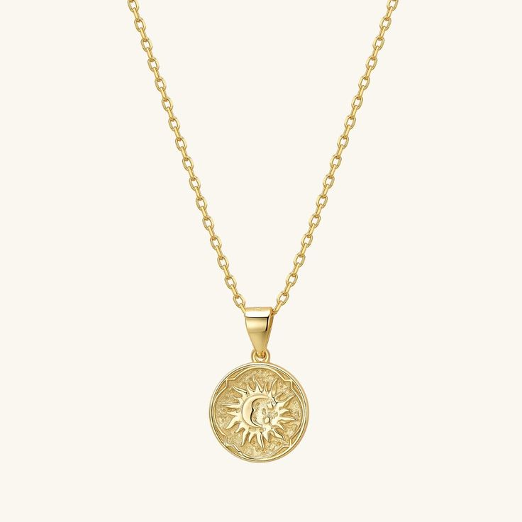 Radiate in our Sun necklace. - Waterproof, tarnish resistant & hypoallergenic- Made in gold vermeil: a thick 18k gold layer on sterling silver.- Adjustable chain 17 to 18 in.- Pendant size: 12.5 mm 14k Gold Filled Medallion Charm Necklace, Tarnish Resistant, Tarnish Resistant 14k Gold Filled Medallion Charm Necklace, Gold Medallion Jewelry With Cable Chain, Everyday Gold Sterling Silver Coin Necklace, Everyday Gold Coin Necklace In Sterling Silver, Gold Medallion Charm Necklace With Cable Chain, Tarnish Resistant Recycled Gold Round Pendant Charm Necklace, Tarnish Resistant 14k Gold Filled Medallion Jewelry, Gold-tone Tarnish Resistant Gold Plated Medallion Necklace