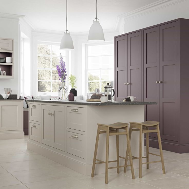 two stools are in front of the kitchen counter