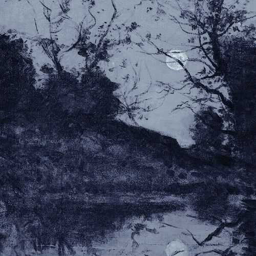 an image of a painting with trees in the foreground and moon in the background