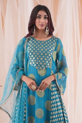 Peacock blue banarasi georgette anarkali with mukaish and cutdana embroidery. Comes with modal satin dhoti pant and a net dupatta. - Aza Fashions Cutdana Embroidery, Blue Anarkali, Georgette Anarkali, Dhoti Pants, Net Dupatta, Peacock Blue, Pant Set, Set For Women, Anarkali