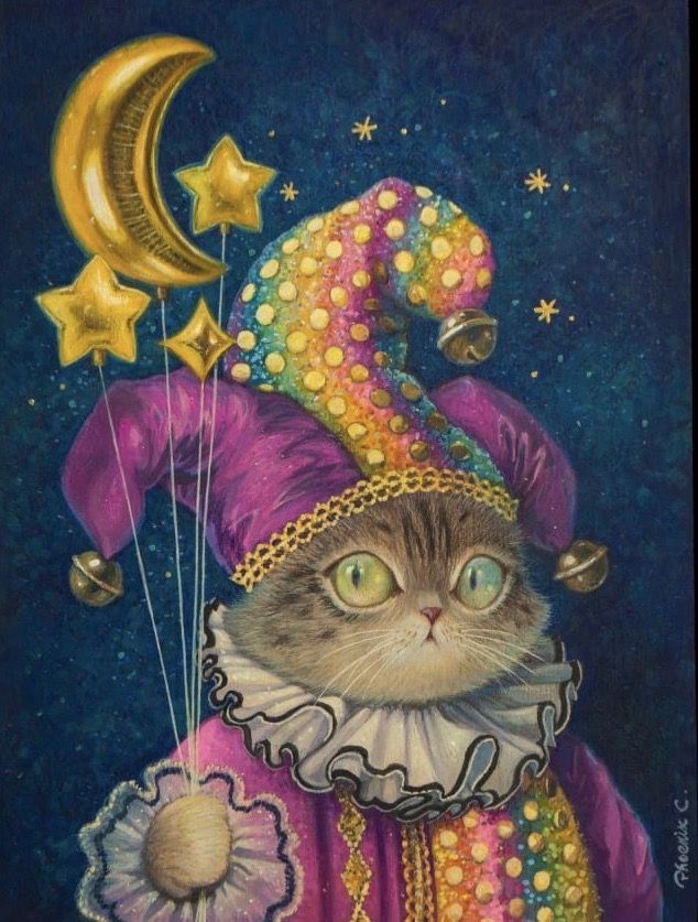 a painting of a cat dressed as a clown with stars and moon on it's head