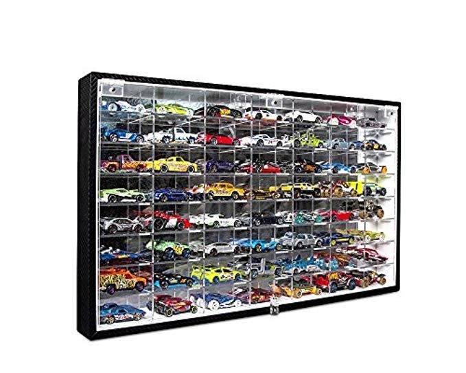 a display case filled with lots of toy cars