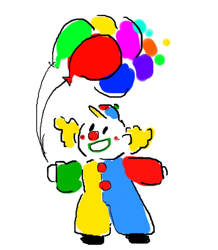 a drawing of a clown with balloons on his head and one hand in the air