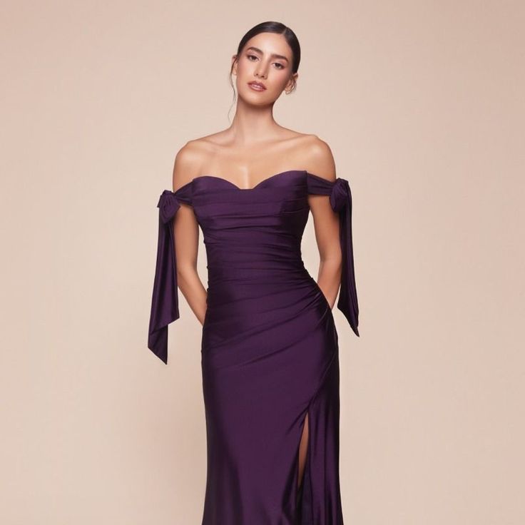 a woman in a long purple dress posing for the camera with her hands on her hips