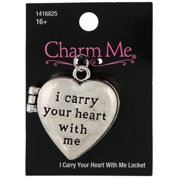 Full Text: 	 I Carry Your Heart With Me Details: 	 Dimensions: 1.38" x 1.32" 	 Material: Metal 	 Color: Black 	 Metal Color: Antique Silver 	 Age Grade: 16+ 	 Quantity: 1 Ornament bracelets and necklaces with this I Carry Your Heart Locket. This locket has a heart shape with a sentimental phrase etched across each side. It opens at a magnet clasp to hold a small photo or keepsake. Use it to add unique character and shine to a variety of accessories. Personalize your outfits down to the smallest Heart-shaped Metal Jewelry For Best Friend's Gift, Heart-shaped Metal Jewelry For Best Friend, Inspirational Heart-shaped Jewelry For Best Friend, Nickel-free Heart-shaped Meaningful Jewelry, Heart-shaped Meaningful Jewelry For Valentine's Day, Meaningful Heart-shaped Jewelry For Valentine's Day, Heart-shaped Charms Jewelry For Best Friend Gift, Valentine's Day Heart-shaped Meaningful Jewelry, Valentine's Day Locket Necklace