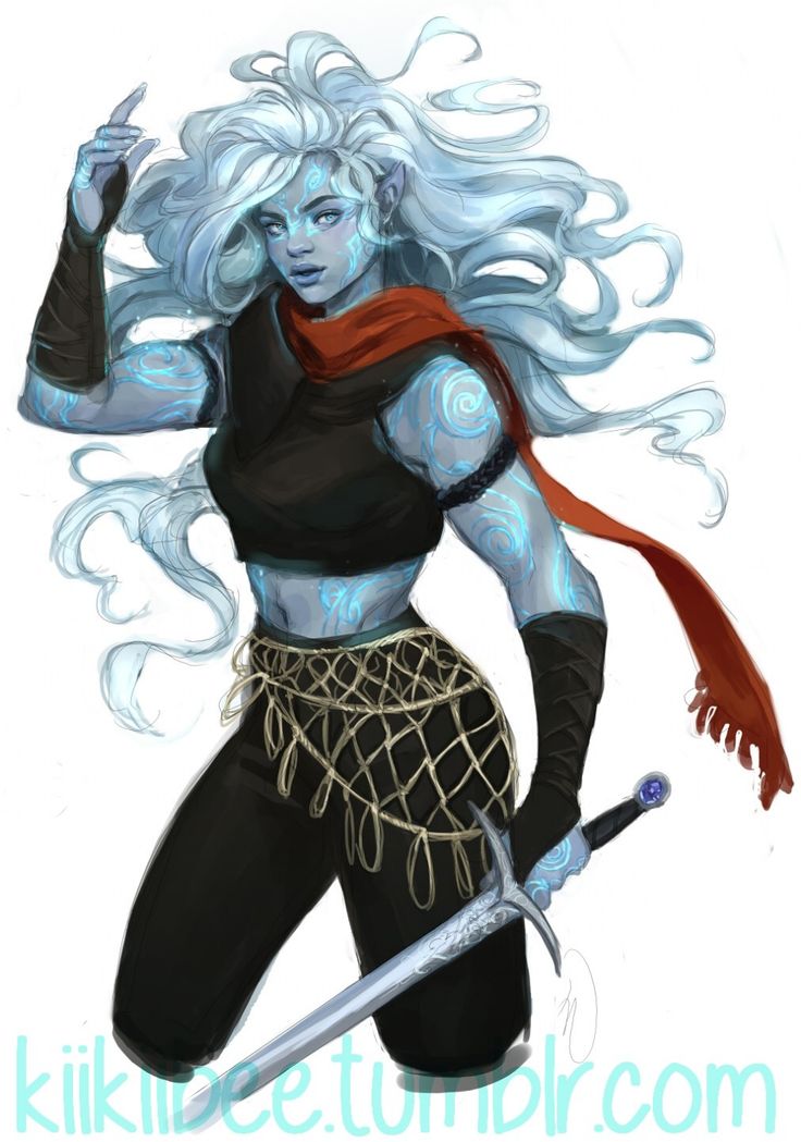 a drawing of a woman with white hair holding two swords