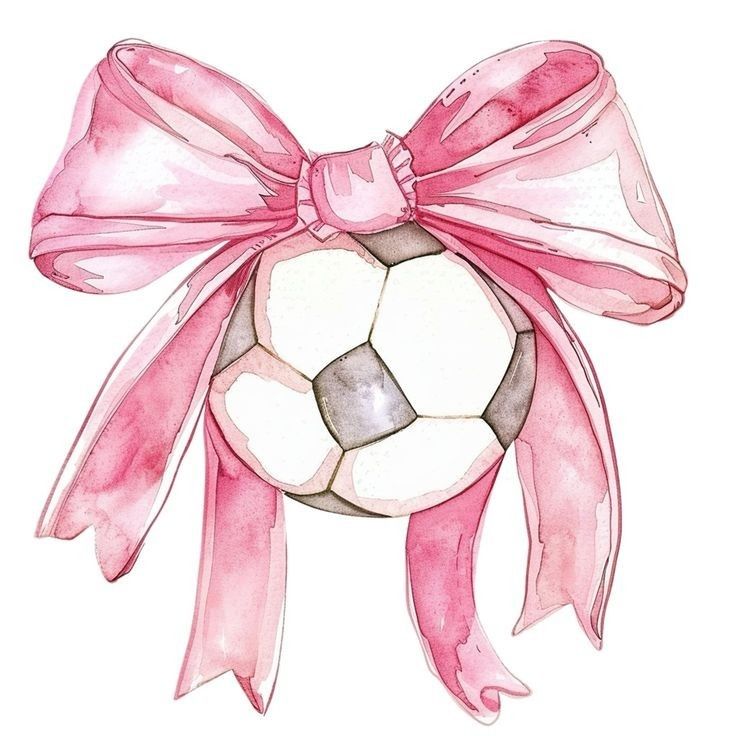 a watercolor painting of a soccer ball tied to a bow