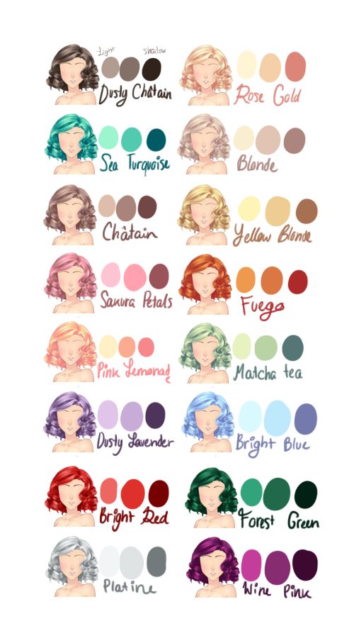 the different colors of hair for each woman's face and their names on them